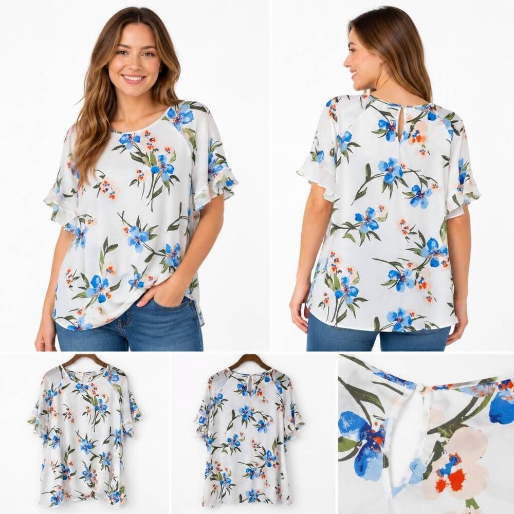 Cato XL White Blue Floral Flutter Sleeve Blouse Top